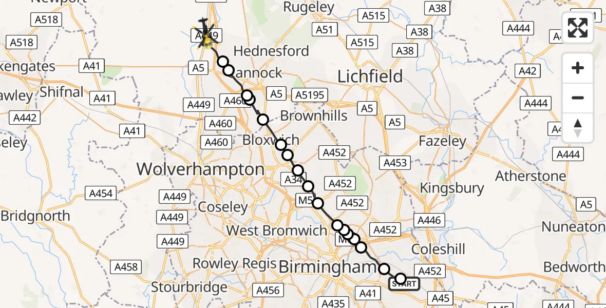 Flight path map showing Police Helicopter route from Birmingham Airport to Penkridge
