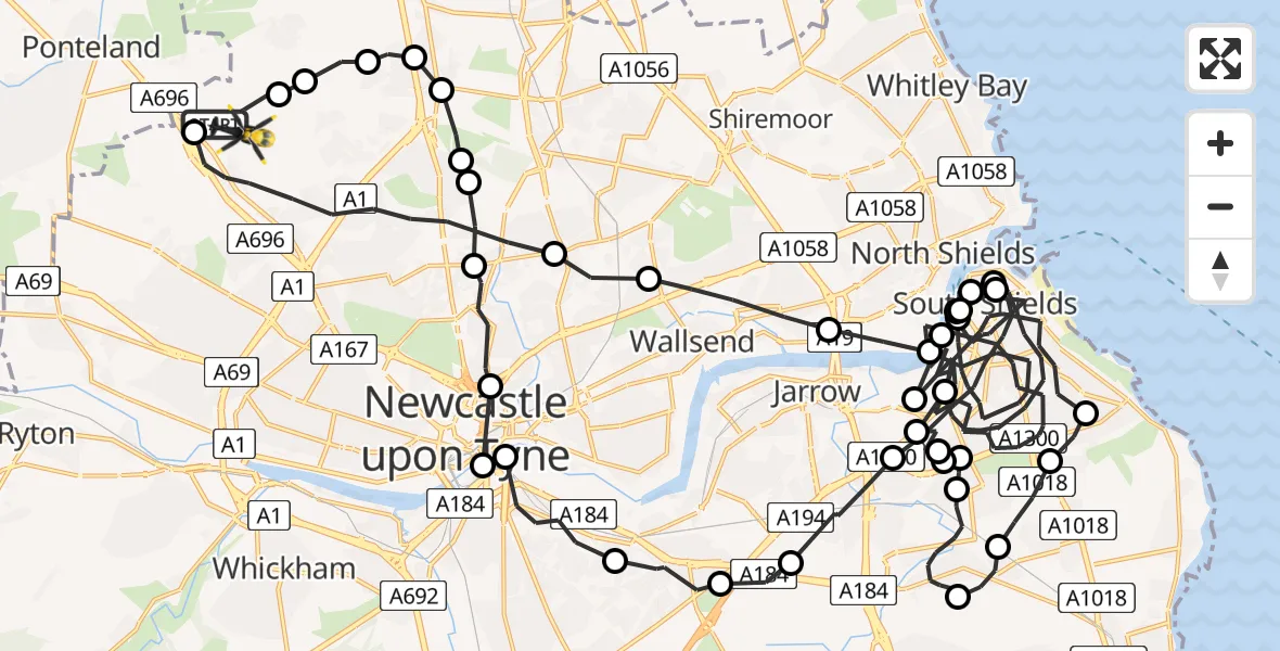 Flight path map showing Police Helicopter route from Newcastle International Airport to Newcastle upon Tyne