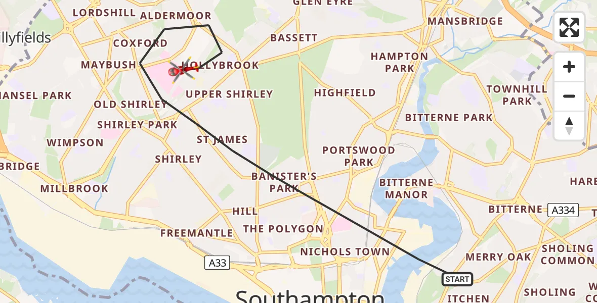 Flight path map showing Air Ambulance Helicopter route from Southampton to University Hospital Southampton