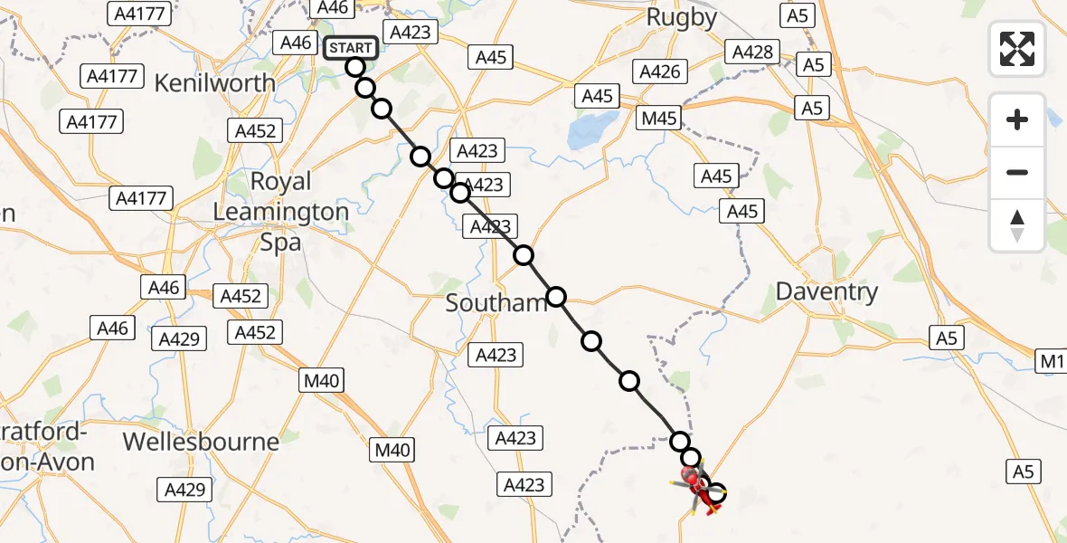 Flight path map showing Air Ambulance Helicopter route from Coventry Airport to Byfield