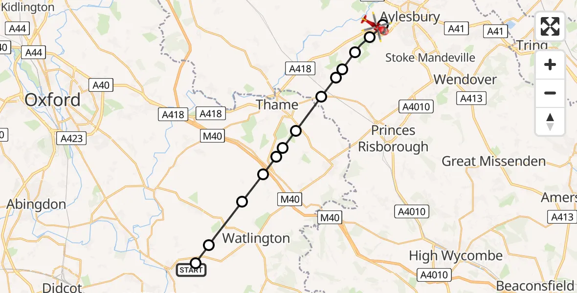 Flight path map showing Air Ambulance Helicopter route from RAF Benson to Fairford Leys