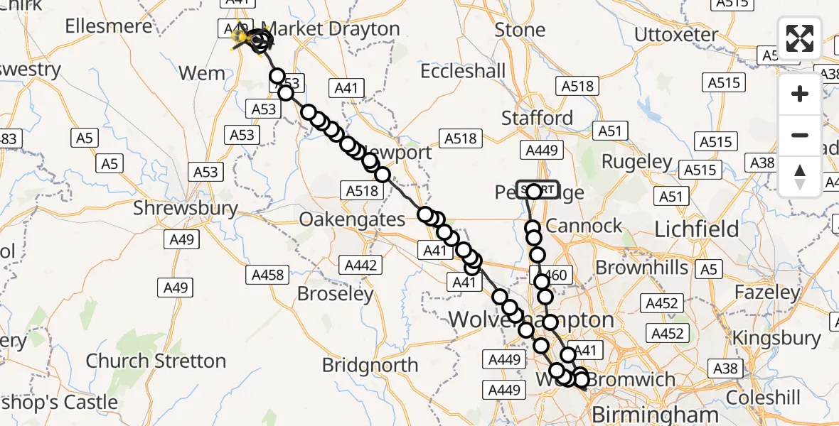 Flight path map showing Police Helicopter route from Penkridge to Prees Lower Heath