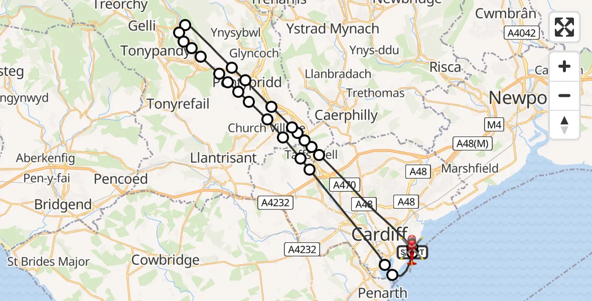 Flight path map showing Air Ambulance Helicopter route from Cardiff Heliport to Cardiff Heliport