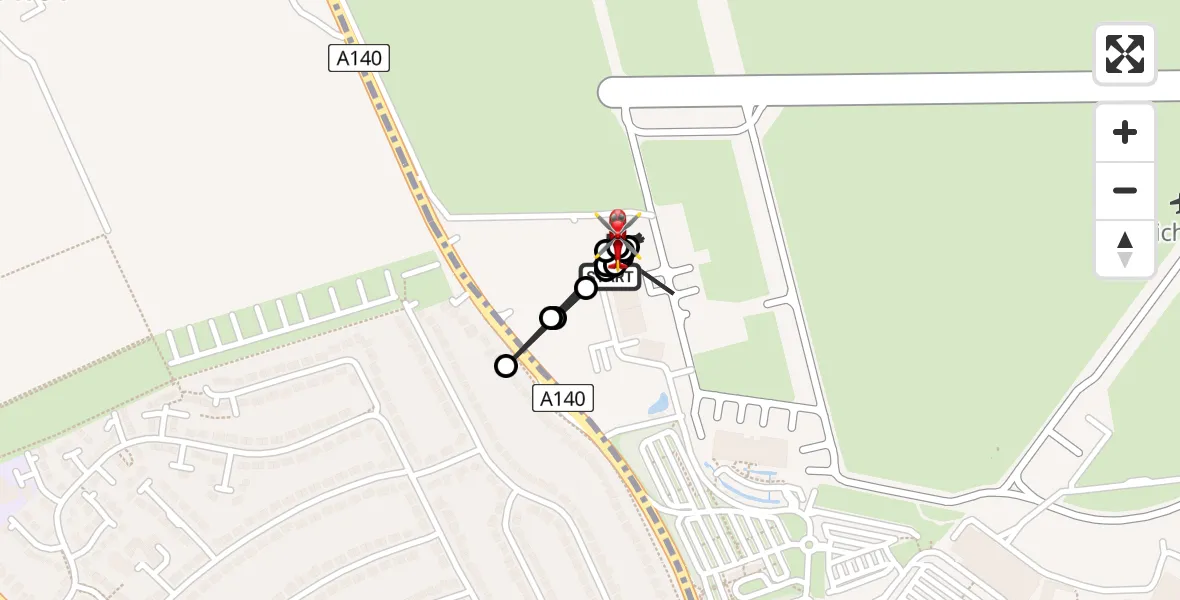 Flight path map showing Air Ambulance Helicopter route from Norwich Airport to Norwich Airport
