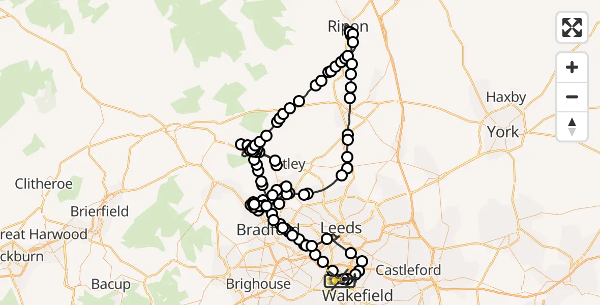 Flight path map showing Police Helicopter route from East Ardsley to East Ardsley