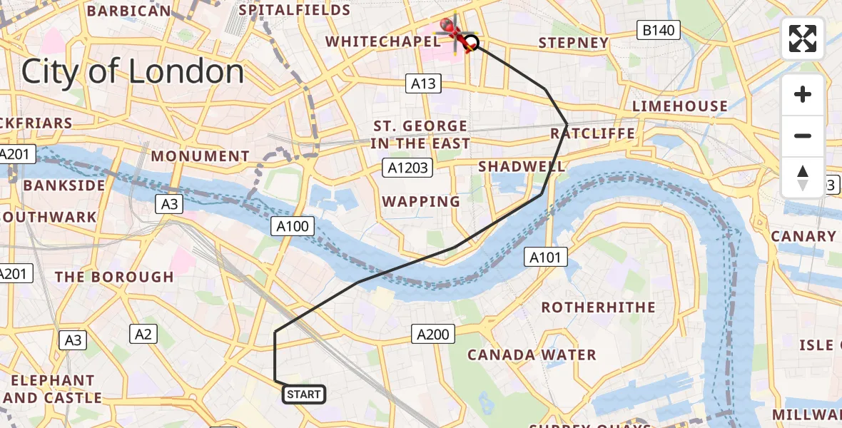 Flight path map showing Air Ambulance Helicopter route from Greater London to Royal London Hospital