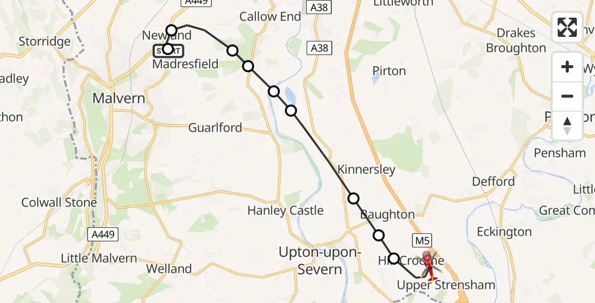 Flight path map showing Air Ambulance Helicopter route from Newland to Upper Strensham
