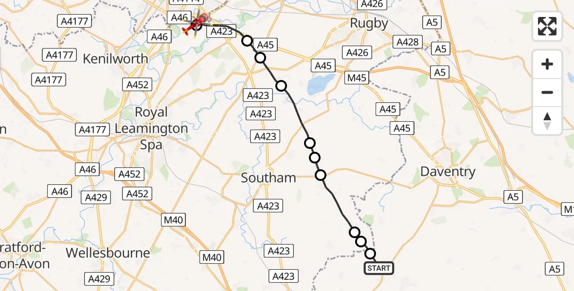 Flight path map showing Air Ambulance Helicopter route from Byfield to Coventry Airport