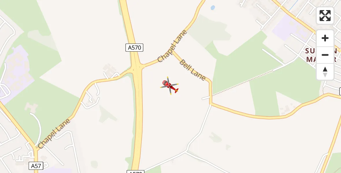 Flight path map showing Air Ambulance Helicopter route from St Helens to St Helens