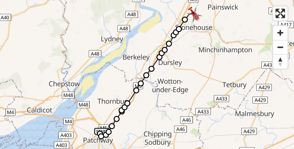 Flight path map showing Air Ambulance Helicopter route from Almondsbury Helicopter Base to Standish
