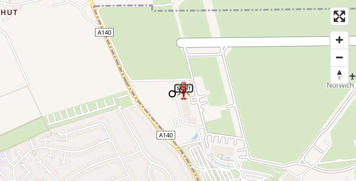 Flight path map showing Air Ambulance Helicopter route from Norwich Airport to Norwich Airport