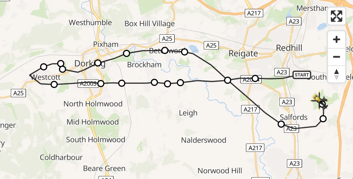 Flight path map showing Police Helicopter route from Redhill to Redhill Aerodrome