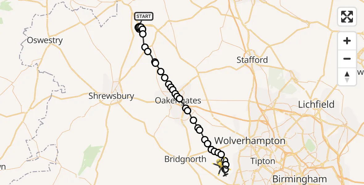 Flight path map showing Police Helicopter route from Ightfield to Enville