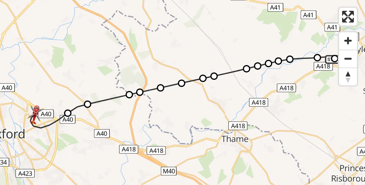 Flight path map showing Air Ambulance Helicopter route from Stone to Oxford