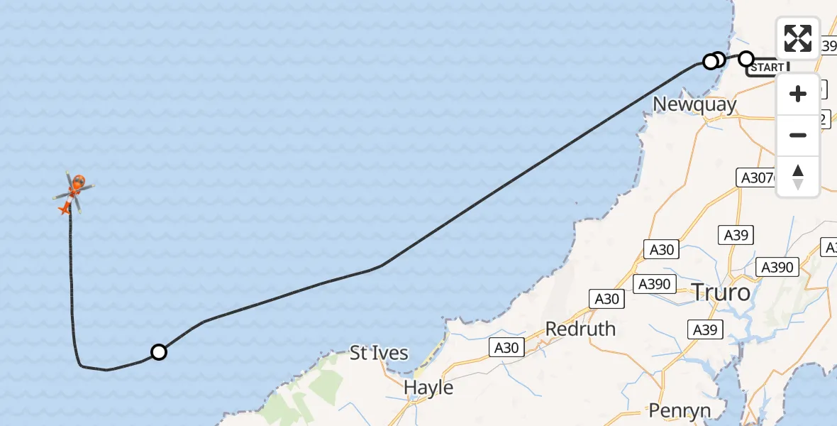 Flight path map showing Coastguard Helicopter route from Cornwall Airport Newquay to North Atlantic Ocean