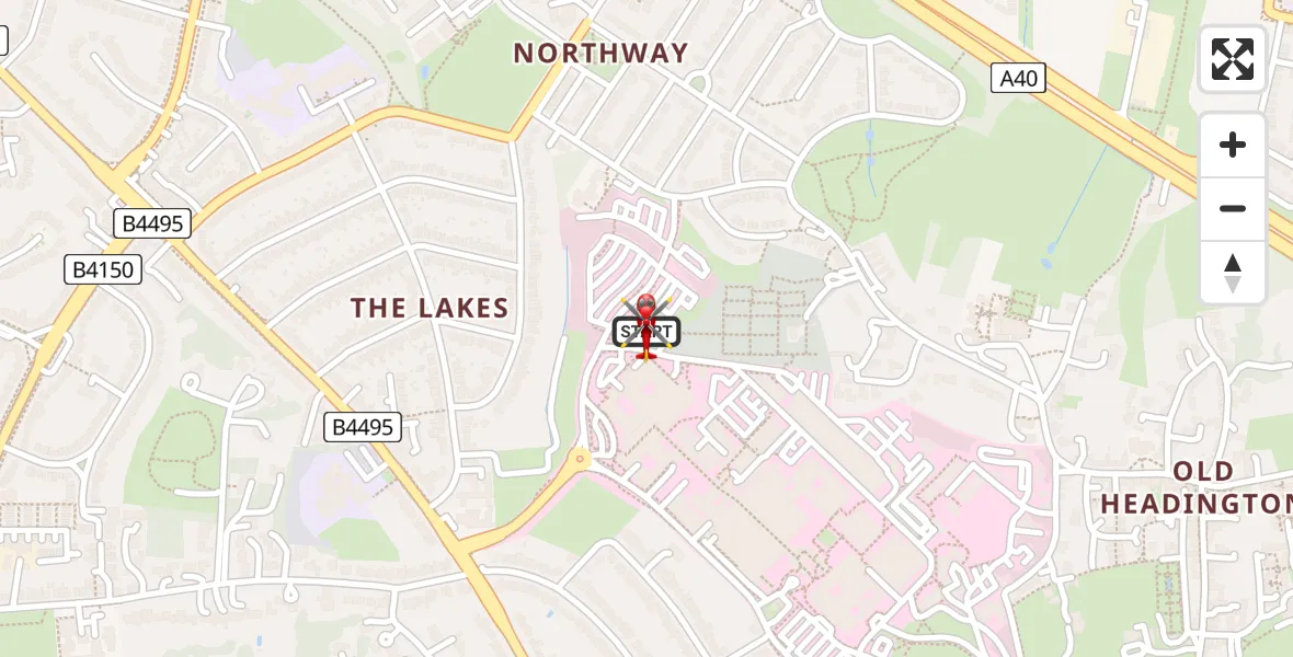 Flight path map showing Air Ambulance Helicopter route from John Radcliffe Hospital to Oxford