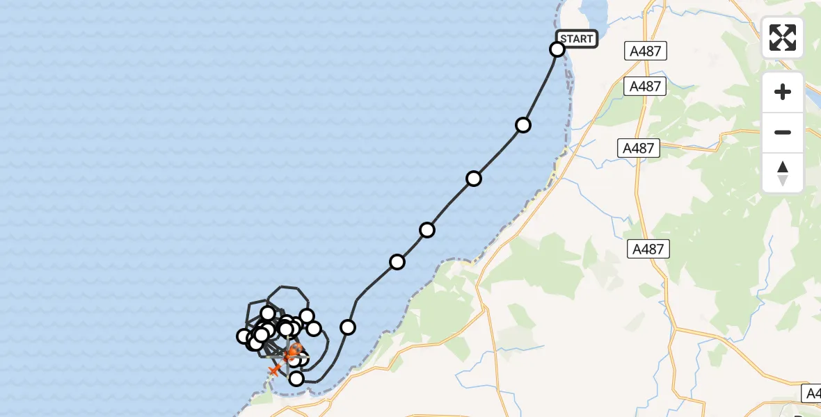 Flight path map showing Coastguard Helicopter route from Caernarfon Airport to Morfa Nefyn