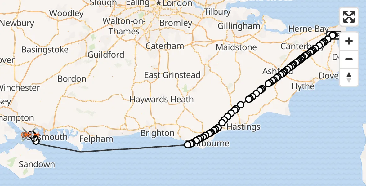 Flight path map showing Coastguard Helicopter route from Manston Airport to Solent Airport