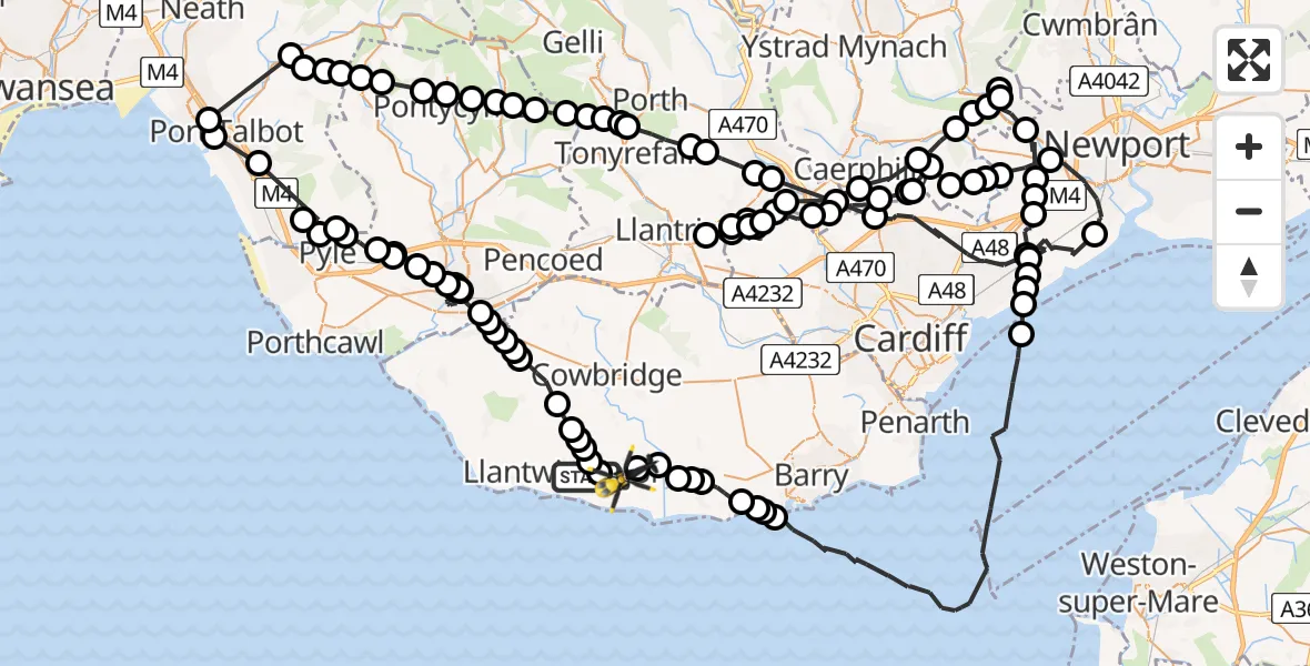 Flight path map showing Police Helicopter route from Boverton to MOD St Athan