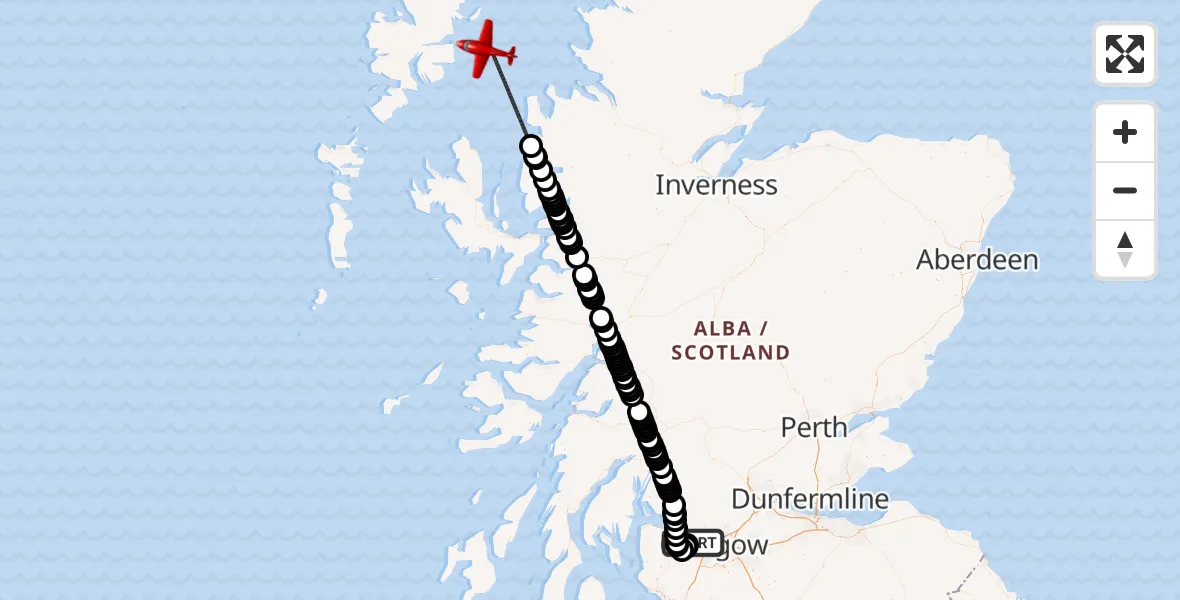 Flight path map showing Air Ambulance Aircraft route from Glasgow Airport to Inner Seas