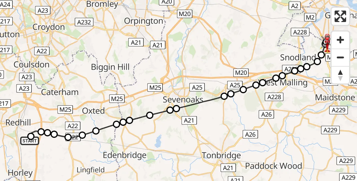 Flight path map showing Air Ambulance Helicopter route from Redhill Aerodrome to Rochester Airport