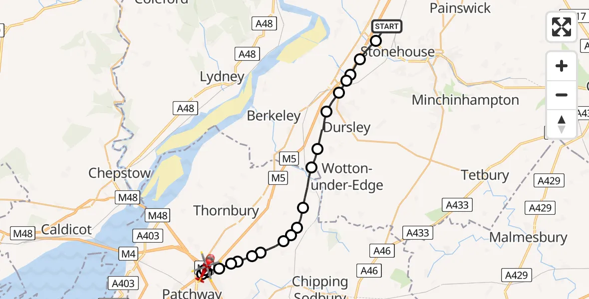 Flight path map showing Air Ambulance Helicopter route from Standish to Hortham