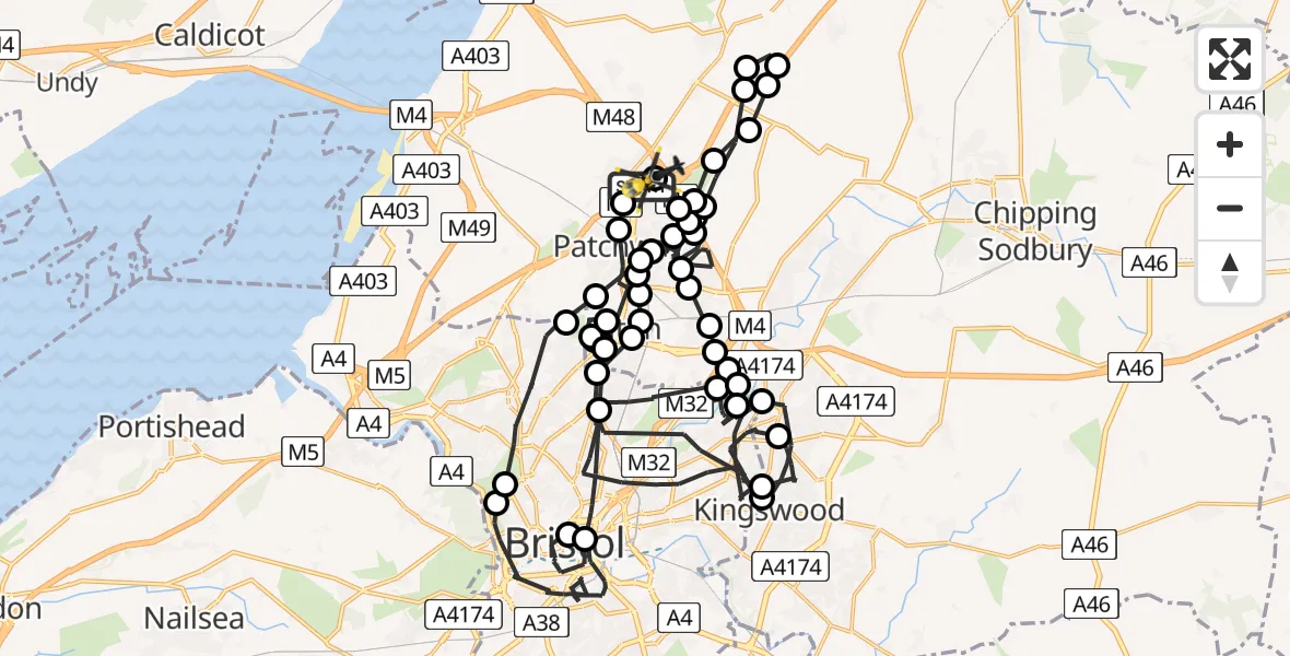 Flight path map showing Police Helicopter route from Almondsbury Helicopter Base to Almondsbury Helicopter Base