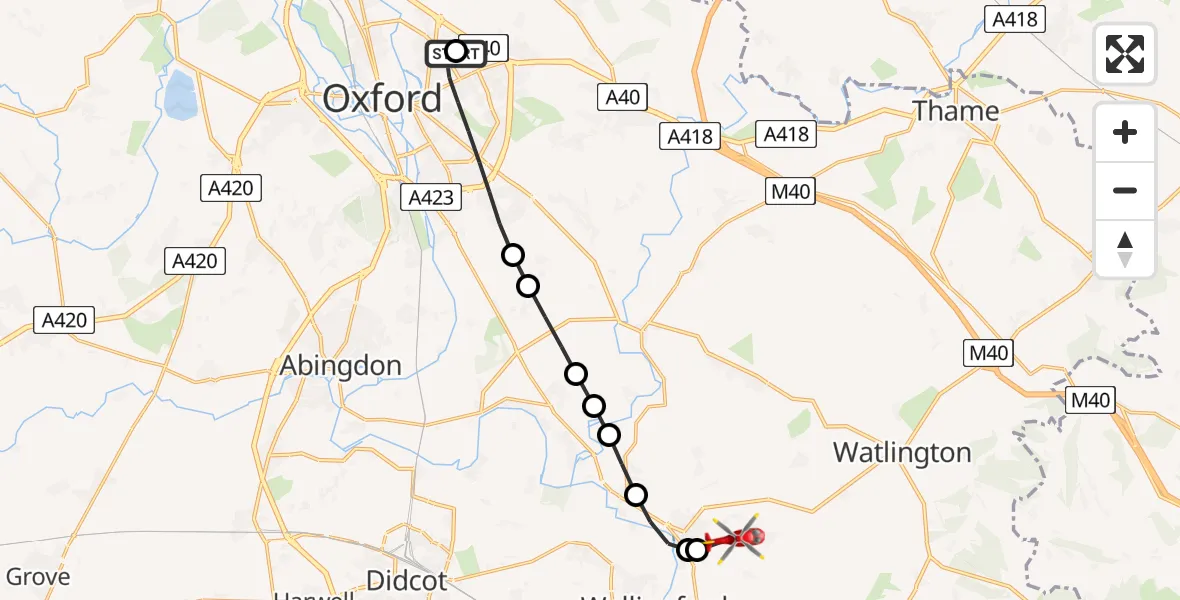 Flight path map showing Air Ambulance Helicopter route from John Radcliffe Hospital to RAF Benson