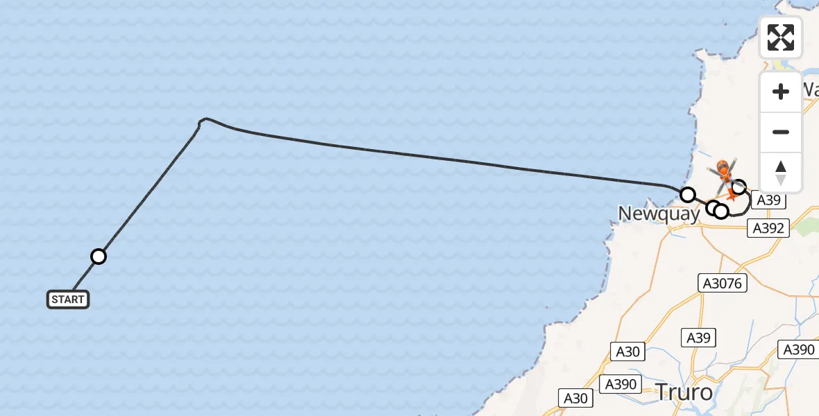 Flight path map showing Coastguard Helicopter route from North Atlantic Ocean to Cornwall Airport Newquay