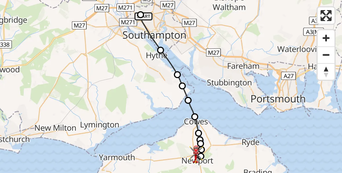 Flight path map showing Air Ambulance Helicopter route from University Hospital Southampton to St Marys Hospital Isle Of Wight