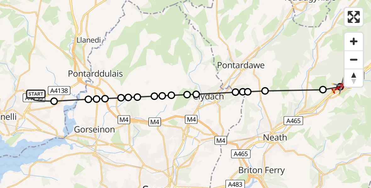 Flight path map showing Air Ambulance Helicopter route from Dafen to Ynysarwed