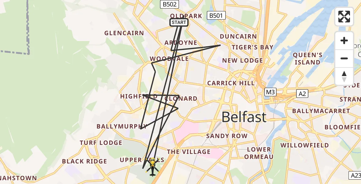 Flight path map showing Police Helicopter route from Belfast to Belfast