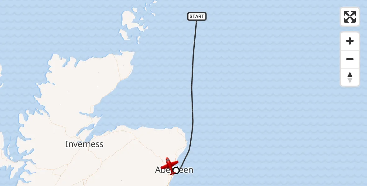 Flight path map showing Air Ambulance Aircraft route from North Sea to Aberdeen International Airport