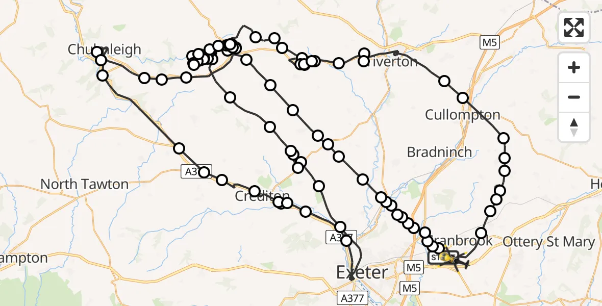 Flight path map showing Police Helicopter route from Exeter International Airport to Exeter International Airport