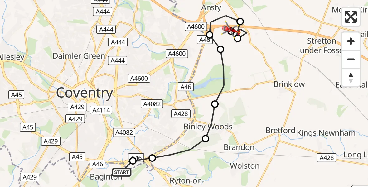 Flight path map showing Air Ambulance Helicopter route from Coventry Airport to Ansty CP