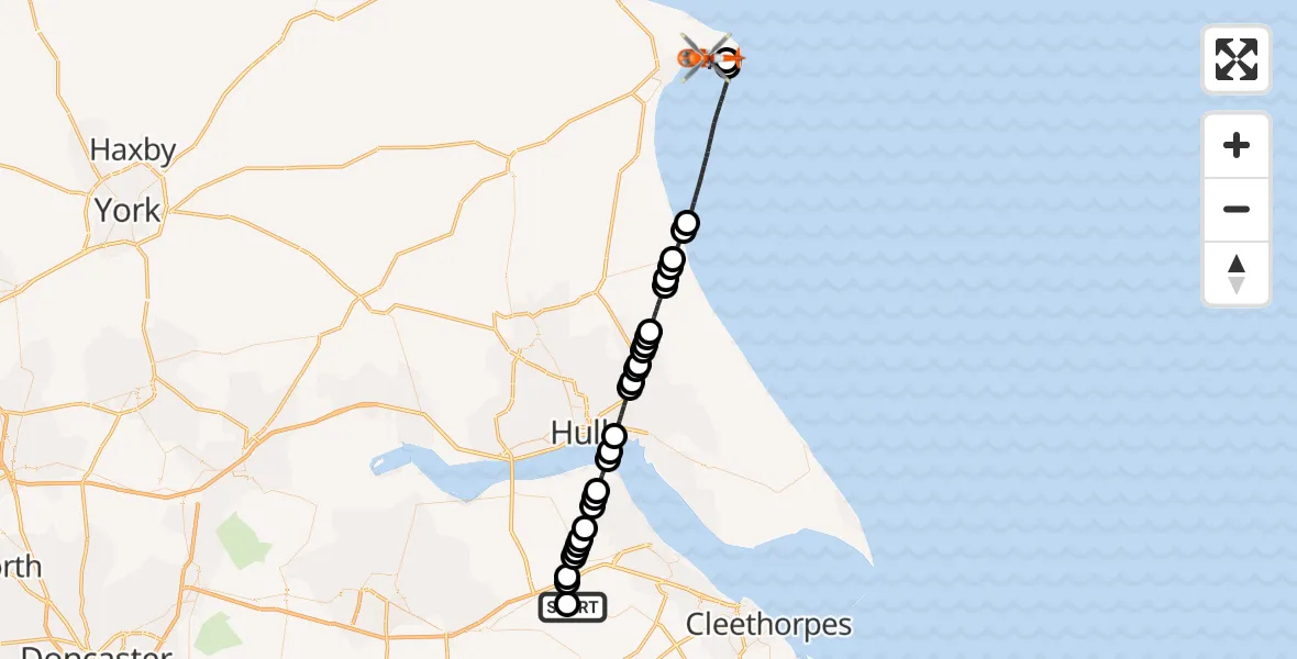 Flight path map showing Coastguard Helicopter route from Humberside Airport to Flamborough