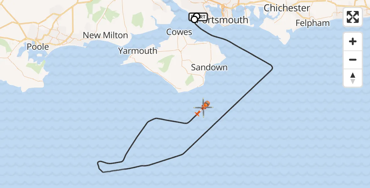 Flight path map showing Coastguard Helicopter route from Solent Airport to English Channel