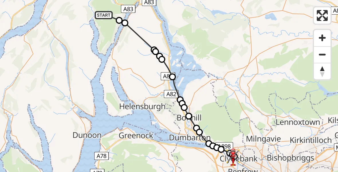 Flight path map showing Air Ambulance Helicopter route from Argyll and Bute to Clydebank