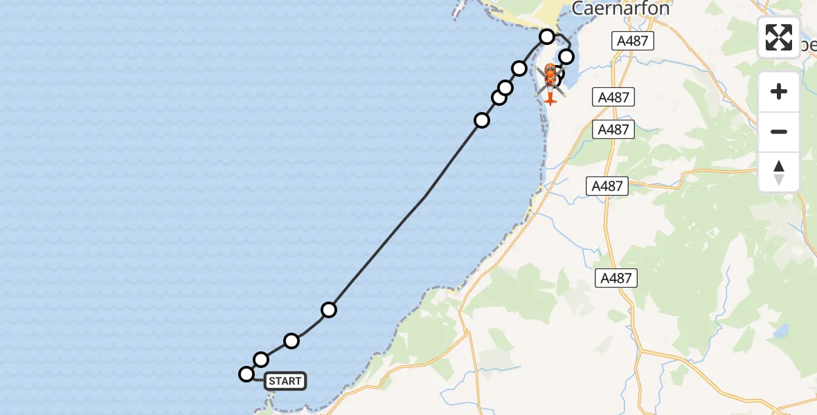 Flight path map showing Coastguard Helicopter route from Morfa Nefyn to Caernarfon Airport