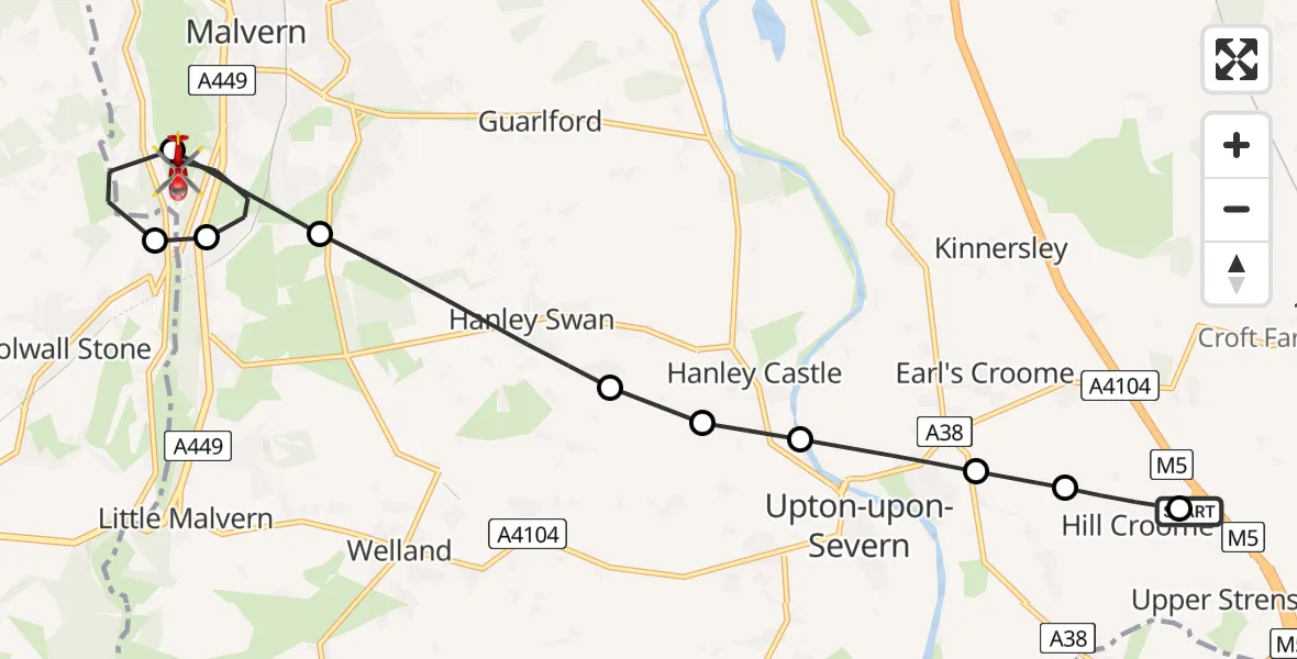 Flight path map showing Air Ambulance Helicopter route from Hill Croome to Malvern Wells