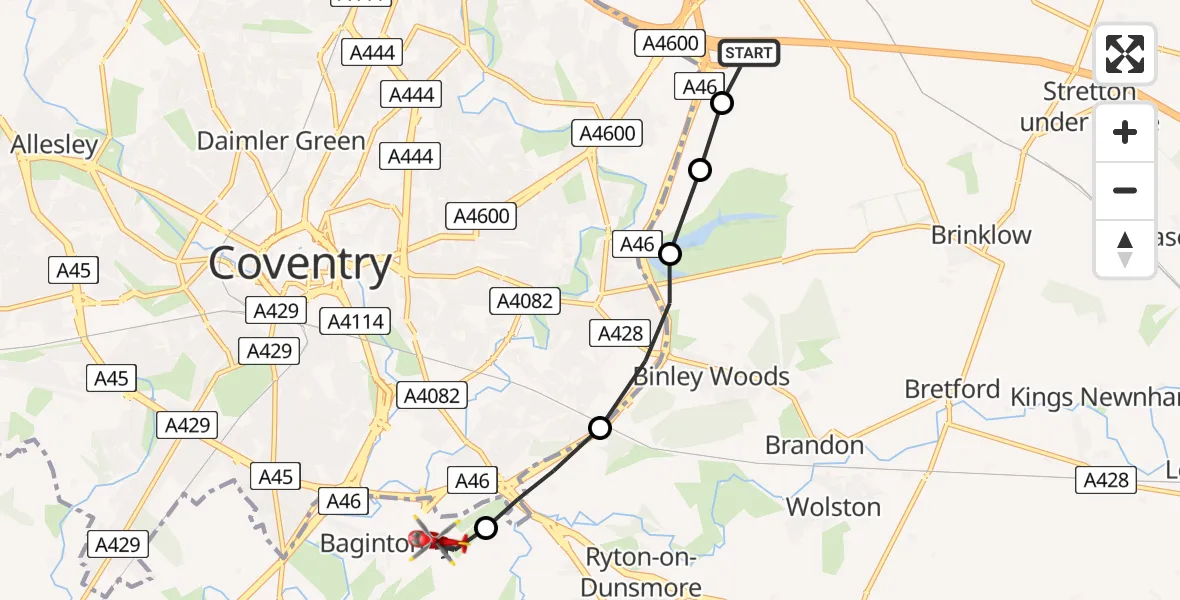 Flight path map showing Air Ambulance Helicopter route from Ansty CP to Coventry Airport