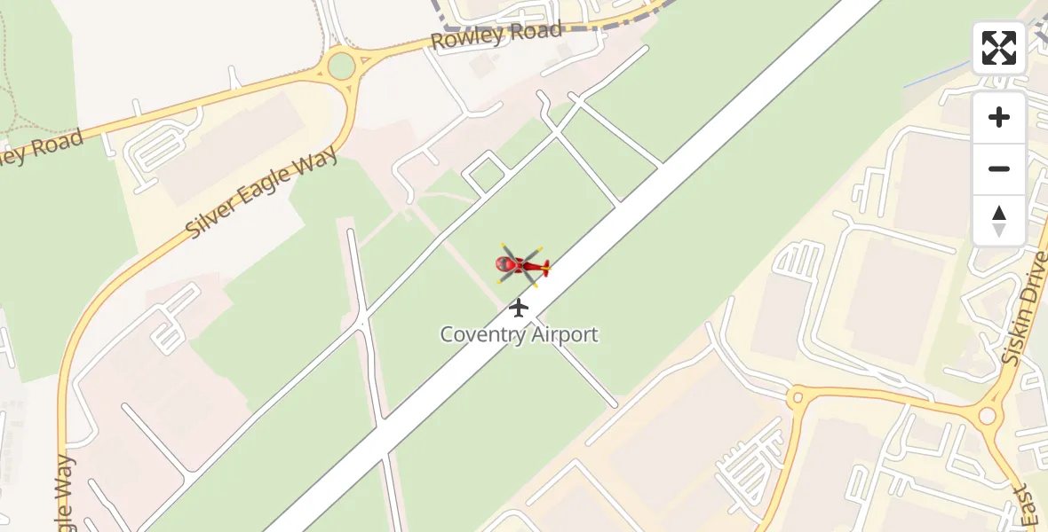 Flight path map showing Air Ambulance Helicopter route from Coventry Airport to Coventry Airport