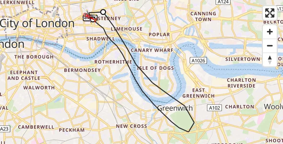 Flight route Air Ambulance Helicopter Royal London Hospital - Royal London Hospital, 30 March 2026, 14:14