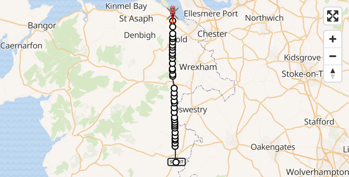 Flight path map showing Air Ambulance Helicopter route from Welshpool Airport to Bagillt