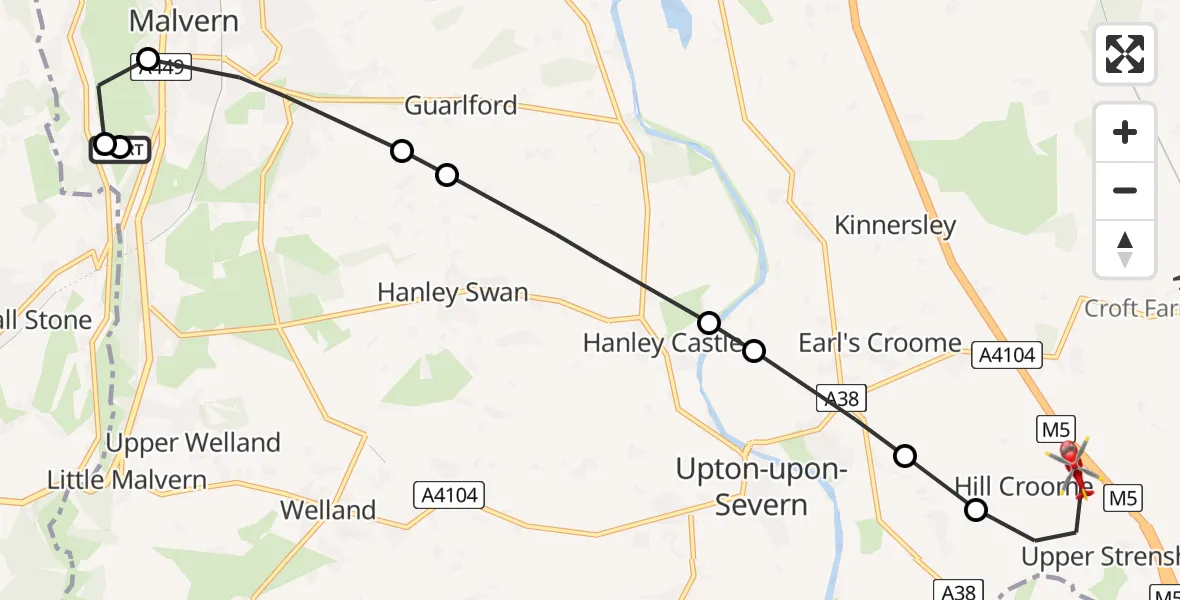 Flight path map showing Air Ambulance Helicopter route from West Malvern to Upper Strensham
