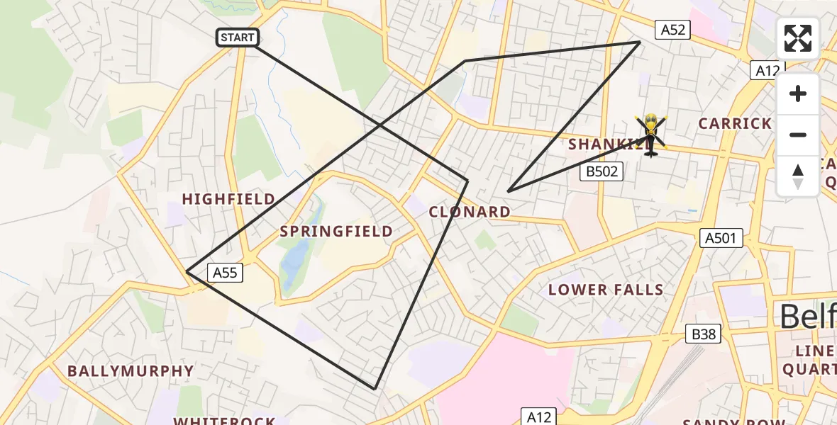 Flight path map showing Police Helicopter route from Belfast to Belfast