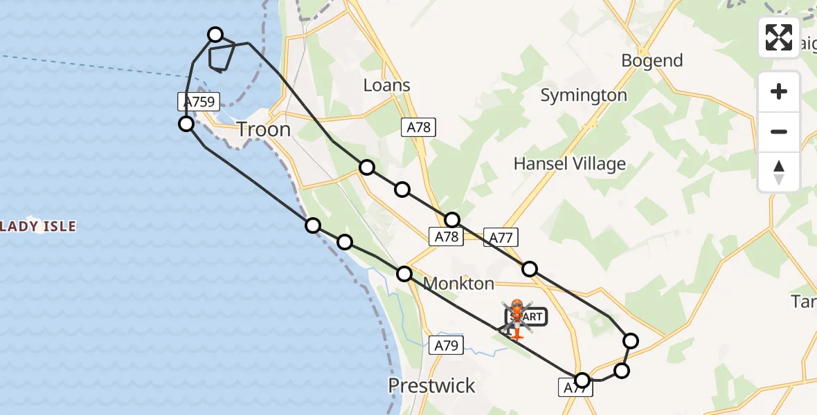 Flight path map showing Coastguard Helicopter route from Glasgow Prestwick Airport to Glasgow Prestwick Airport
