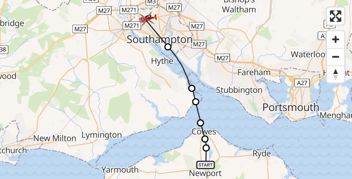 Flight path map showing Air Ambulance Helicopter route from Newport to University Hospital Southampton
