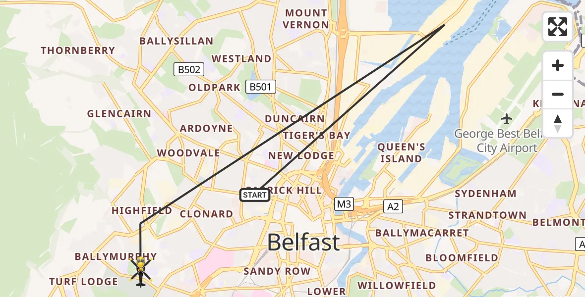 Flight path map showing Police Helicopter route from Belfast to Belfast