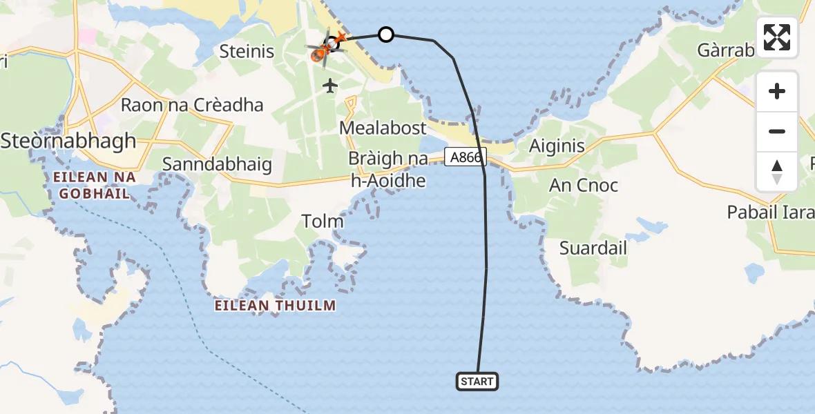 Flight path map showing Coastguard Helicopter route from Inner Seas to Stornoway Airport
